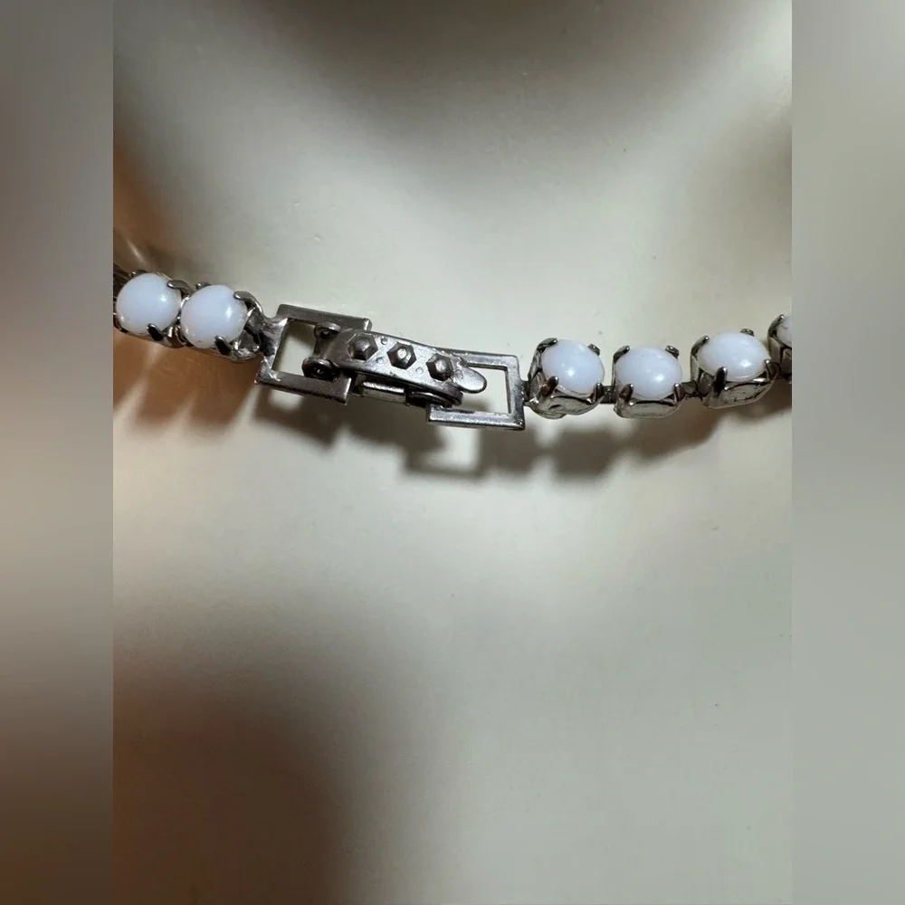 Vintage Milk Glass Rhinestone Bib Necklace Mid Century - Bridal, Formal, Prom